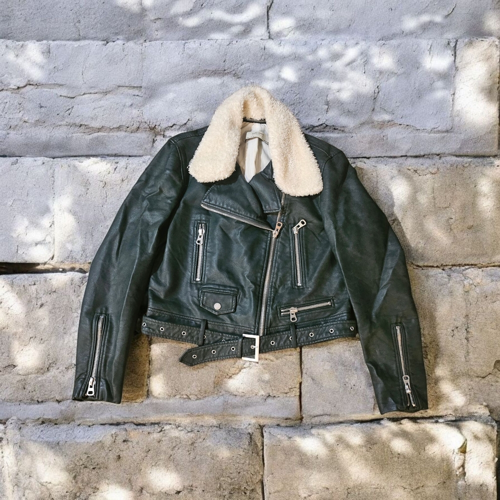 ZARA Women's Green Leather Jacket with Cream Collar